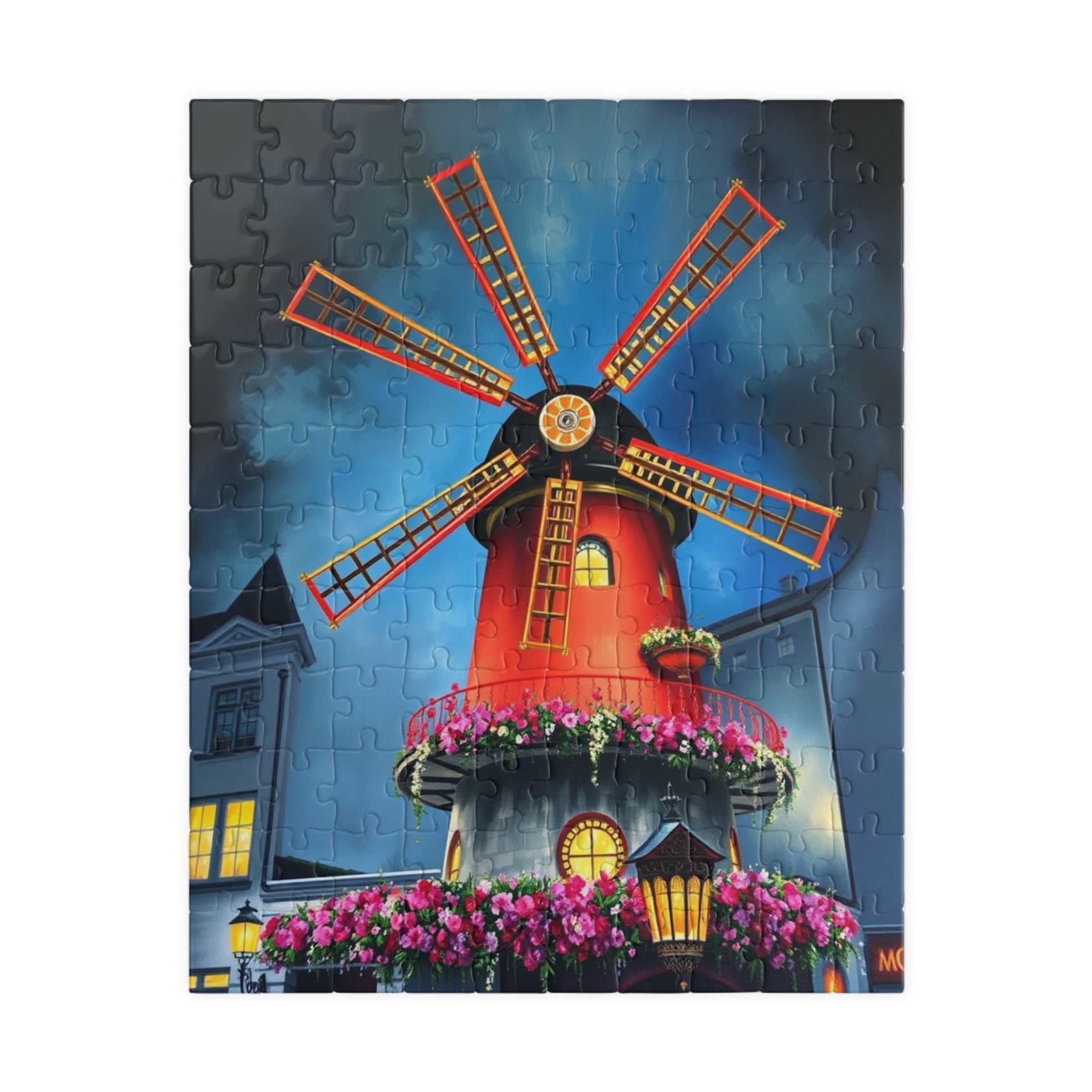 Moulin Rouge Windmill Puzzle, Famous Parisian Landmark Tourist Attraction Jigsaw Game, Vibrant Nighttime Paris Scene, Best Travel Lover Gift 110 pcs (Vertical) Puzzle The Puzzle Chest