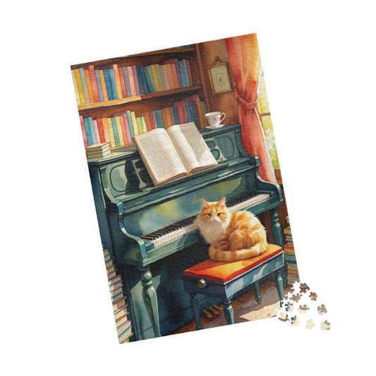 Cozy Piano Reading Nook Jigsaw Puzzle, Birthday Gift for Book Lover, Cat Mom, Piano Teacher & Music Fan, Cat Themed Puzzle, Indoor Activity