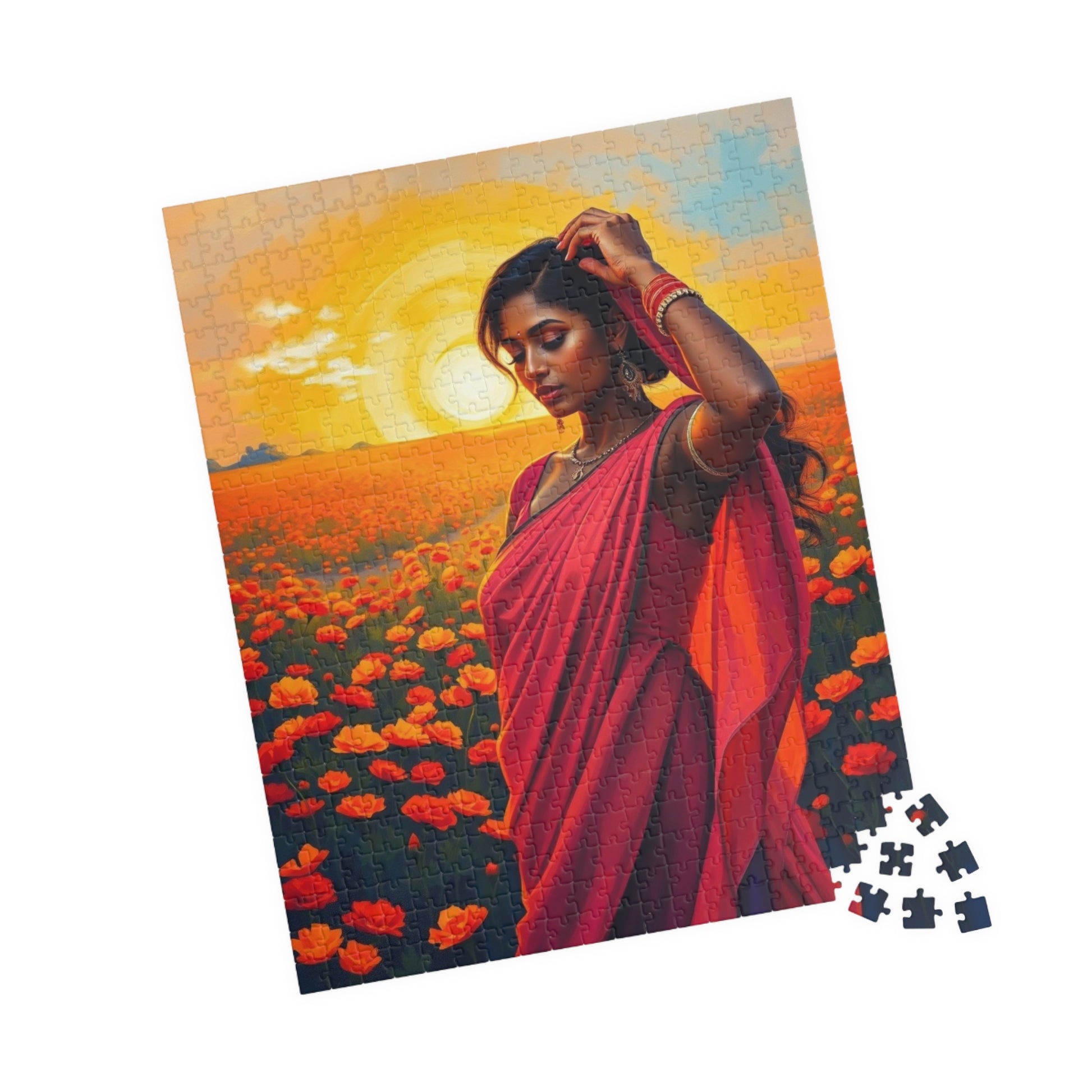 Jigsaw Puzzle, South Asian Woman in Marigold Field Sunset, 110 252 520 1014-Piece, Meditation Relaxation Activity, Mindfulness Gift, Ethnic Puzzle The Puzzle Chest