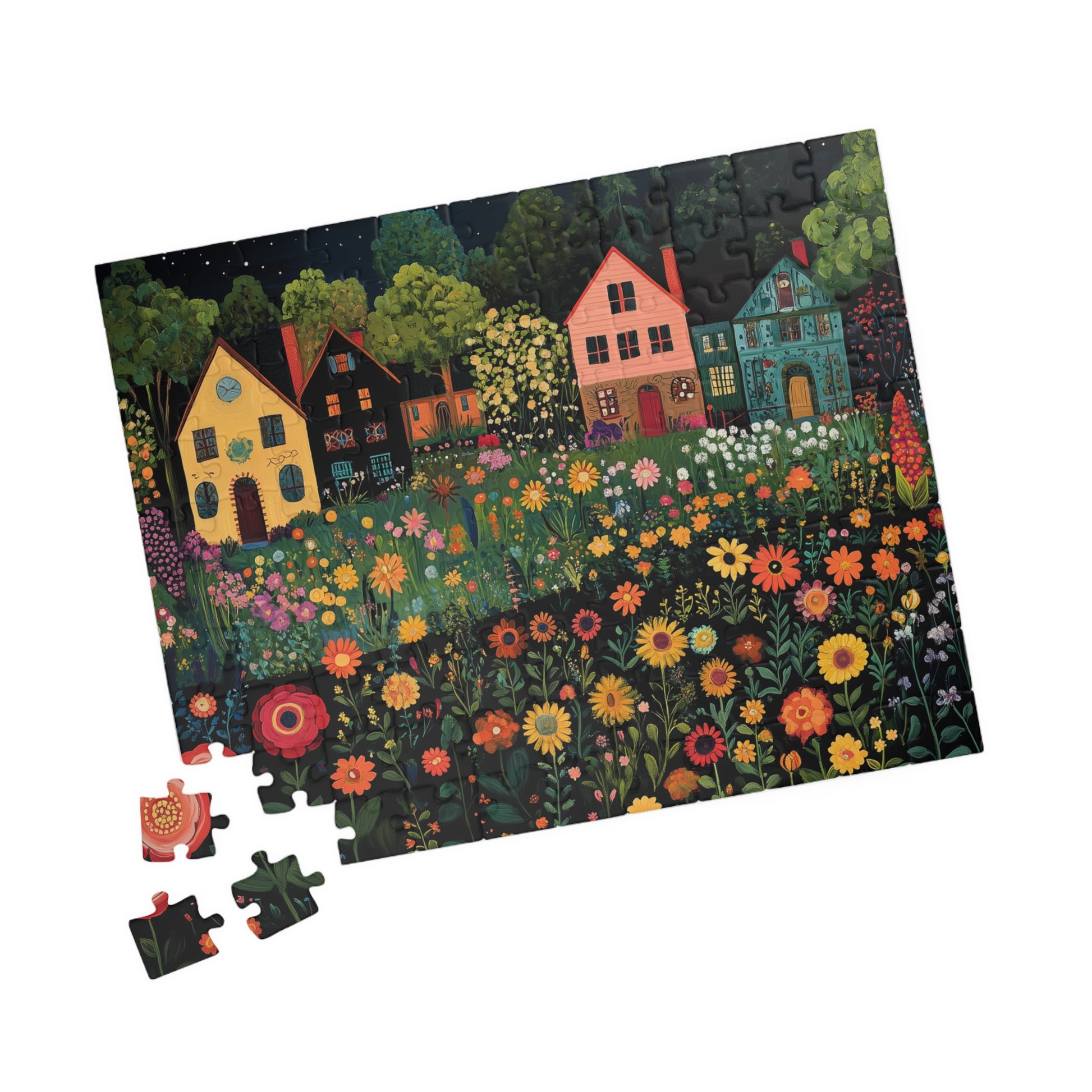 Whimsical Floral Village Jigsaw Puzzle - Moonlit Cottage Scene 110 pcs (Horizontal) Puzzle The Puzzle Chest