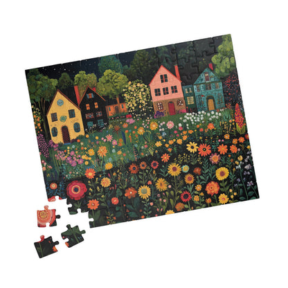 Whimsical Floral Village Jigsaw Puzzle - Moonlit Cottage Scene 110 pcs (Horizontal) Puzzle The Puzzle Chest