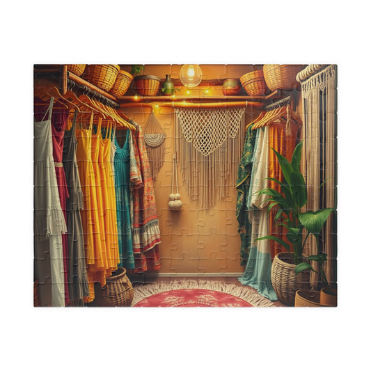 Boho Chic Closet Jigsaw Puzzle, Rustic Fashion Wardrobe with Dresses Plants and Accessories Game, Dreamy Womans Boutique, Puzzle Lover Gift