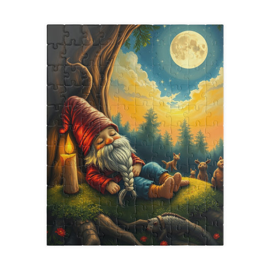 Slumbering Gnome Under the Moonlight Puzzle, Sleepy Gnome Night Scene Animals and Starry Sky, Fantasy Jigsaw Game, Mindful Puzzle Lover Gift 110 pcs (Vertical) Puzzle The Puzzle Chest