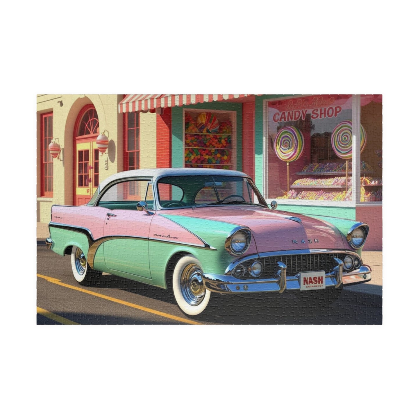 Vintage Car Puzzle - 1957 Metropolitan Classic Auto Jigsaw Game, Nostalgic Candy Shop Design 1014 pcs (Horizontal) Puzzle The Puzzle Chest