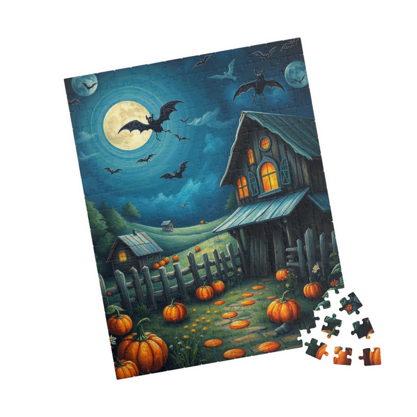 Moonlight Barn Halloween Puzzle, Spooky Night Scene 110 252 520-Piece Jigsaw Perfect Birthday Gift for Puzzle Lover, Fall Decor, Family Fun
