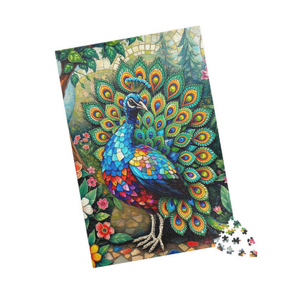 Mosaic Peacock Puzzle, Beautiful Fan-Tailed Bird in a Jewel-Toned Mosaic Art Garden Scene for Adults Teens, Gift for Animal Lover, Mindful Puzzle The Puzzle Chest