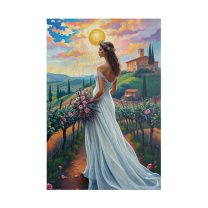 Whimsical Italian Bride Jigsaw Puzzle, White Gown Floral Crown Rose Bouquet, Tuscan Vineyard Romantic Wedding, Modern Art Lover Unique Gift 1014 pcs (Vertical) Puzzle The Puzzle Chest