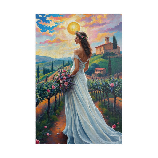 Whimsical Italian Bride Jigsaw Puzzle, White Gown Floral Crown Rose Bouquet, Tuscan Vineyard Romantic Wedding, Modern Art Lover Unique Gift 1014 pcs (Vertical) Puzzle The Puzzle Chest