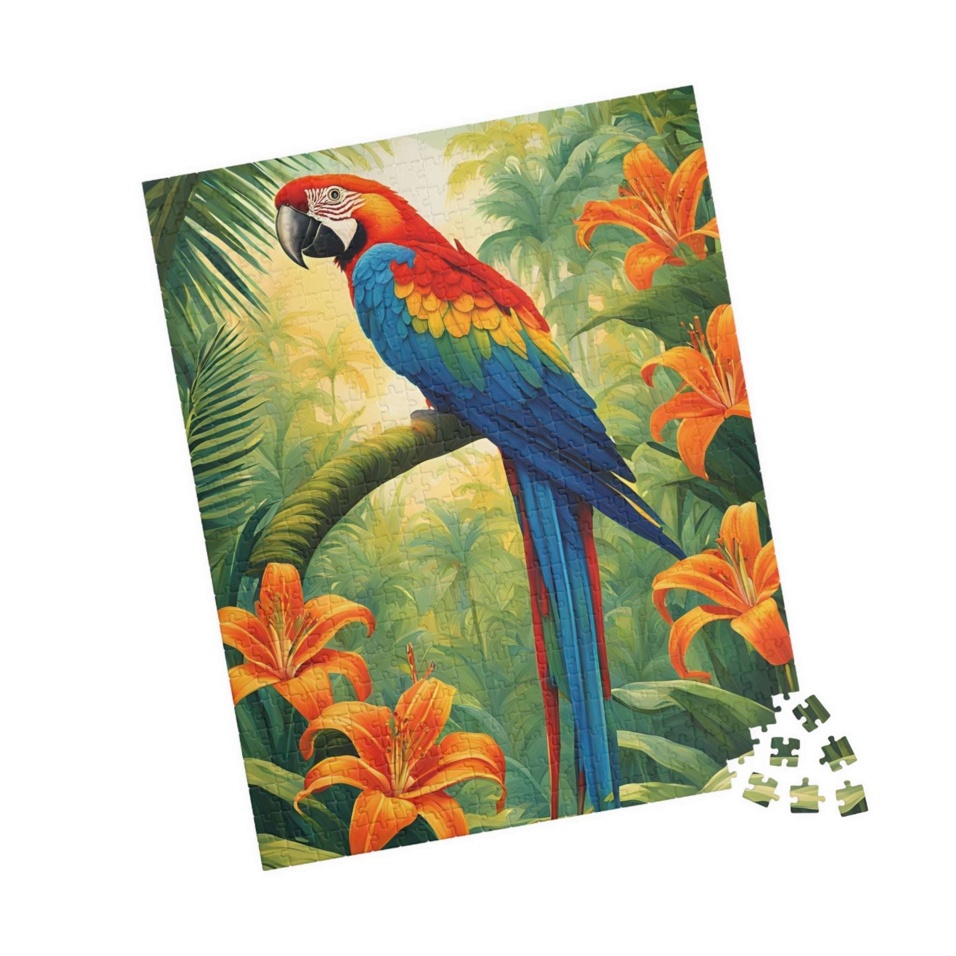 Colorful Parrot Puzzle, Tropical Jungle and Tiger Lilly Flower Scene, Nature-Inspired Jigsaw Game, Best Unique Bird Lover Gift, Mindfulness 520 pcs (Vertical) Puzzle The Puzzle Chest