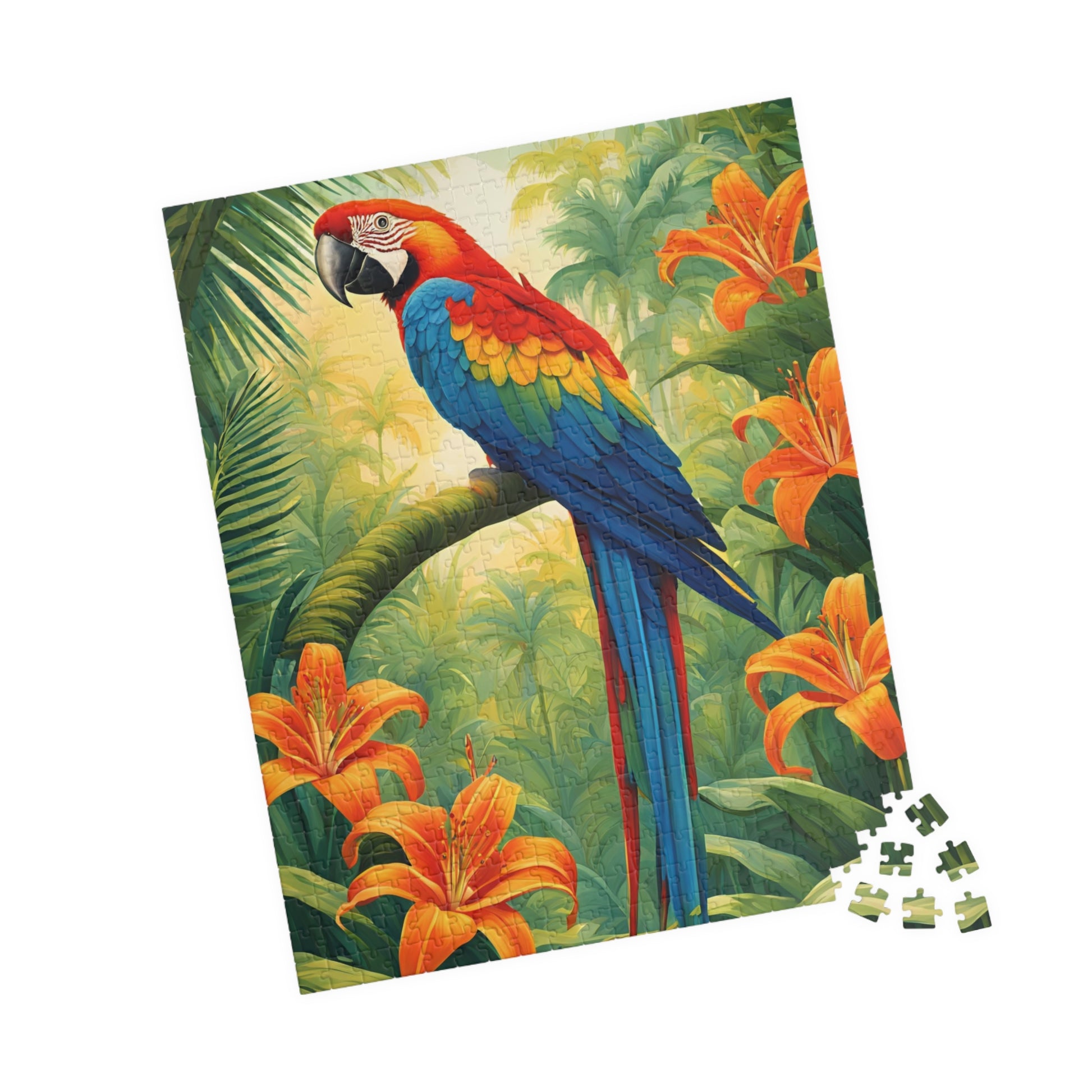 Colorful Parrot Puzzle, Tropical Jungle and Tiger Lilly Flower Scene, Nature-Inspired Jigsaw Game, Best Unique Bird Lover Gift, Mindfulness Puzzle The Puzzle Chest