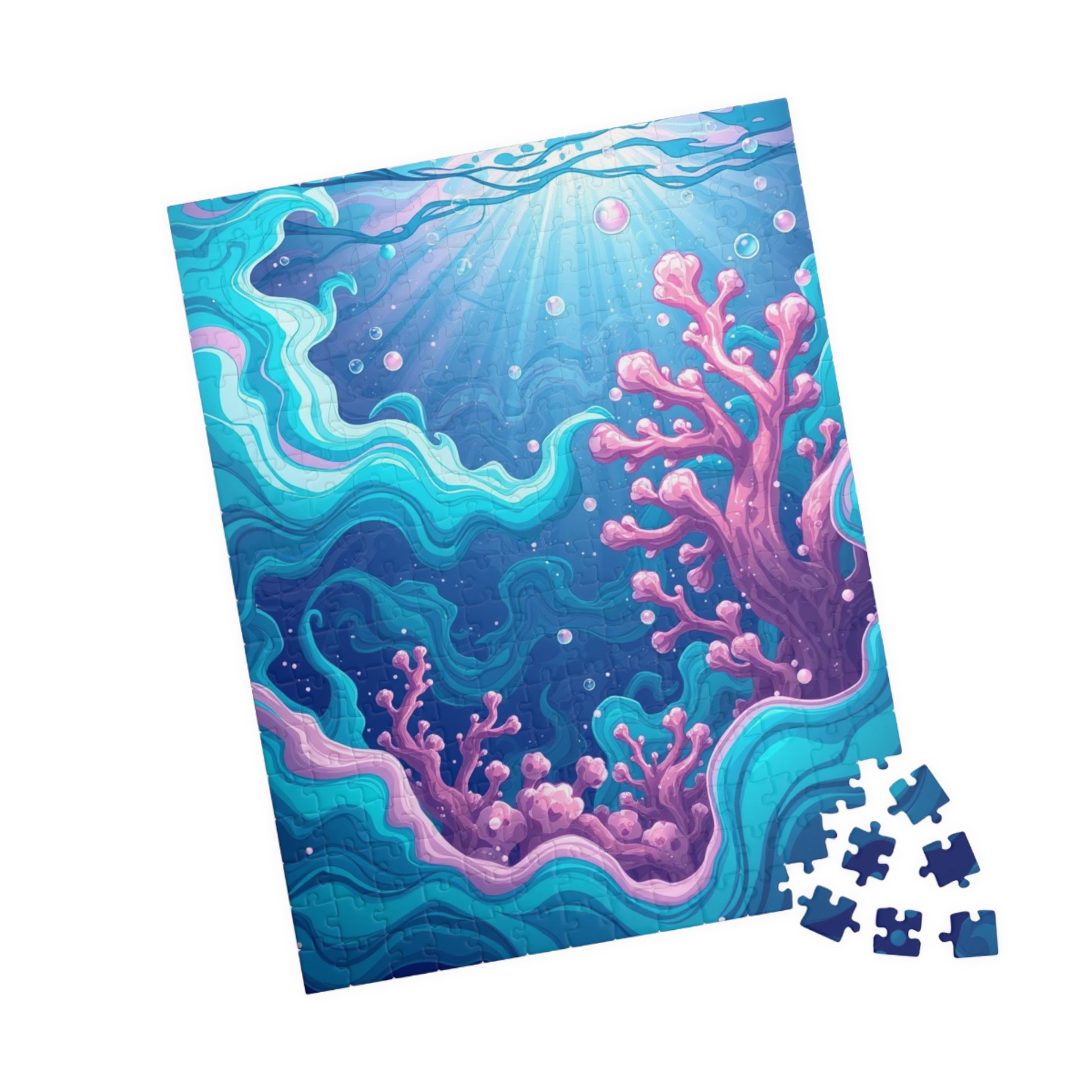 Abstract Underwater Scene Puzzle - Teal Aqua Pink Waves Coral Bubbles Light Beams Jigsaw Game Puzzle The Puzzle Chest