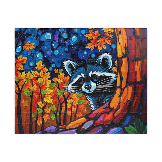 Autumn Nightscape Raccoon Puzzle, Colorful Nature Jigsaw for Solo or Family Fun, Birthday Gift for Animal Lover, Cozy Night In Entertainment