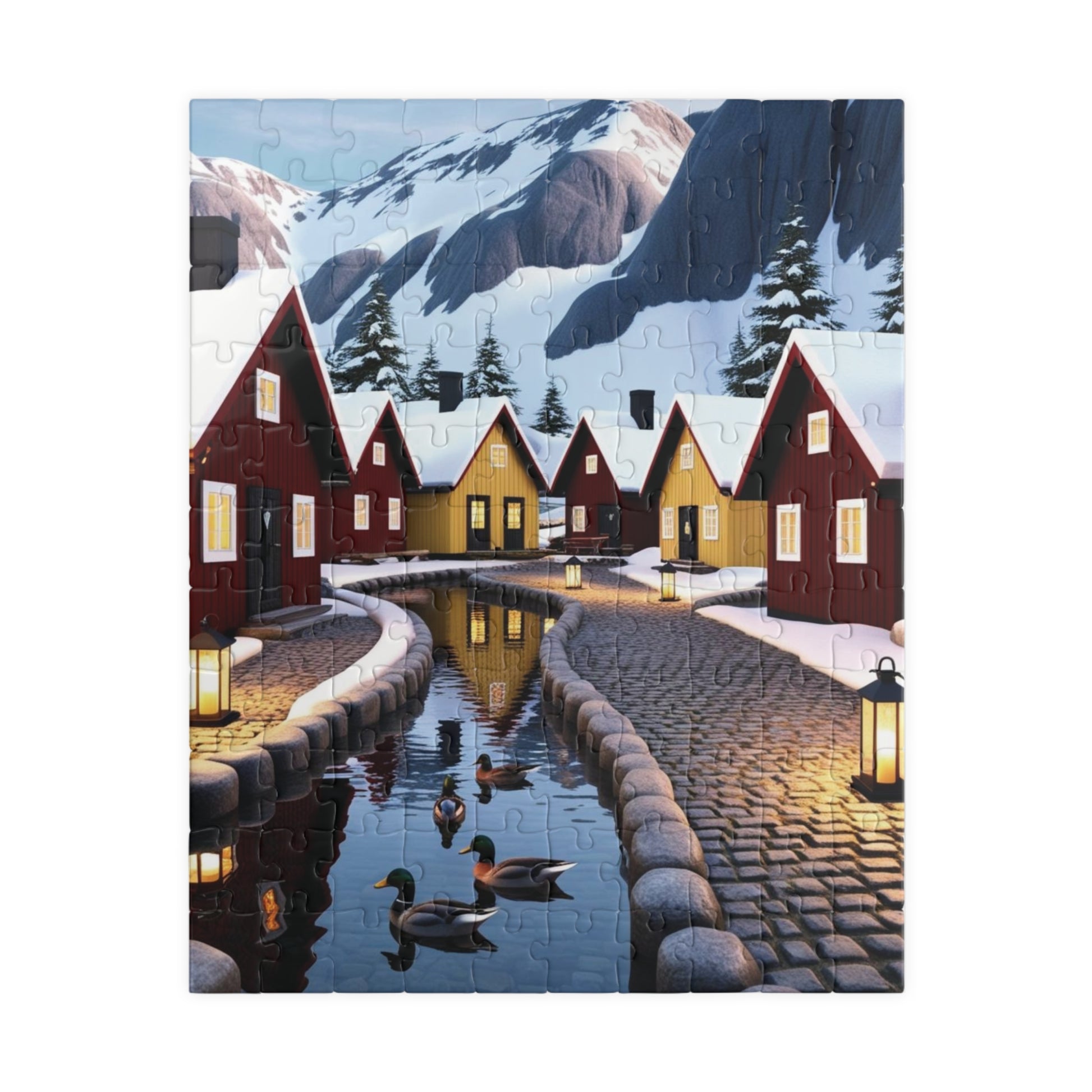 Nordic Village Jigsaw Puzzle - Winter Scene, Snowy Peaks, Red Yellow Cottages, Fun Family Activity, Christmas Holiday 110 pcs (Vertical) The Puzzle Chest