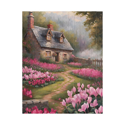 Enchanted Stone Cottage Puzzle, Thatched Roof Home Blooming Cyclamen Meadow, Idyllic Countryside Pink Purple Floral Landscape Game, Giftable 252 pcs (Vertical) Puzzle The Puzzle Chest