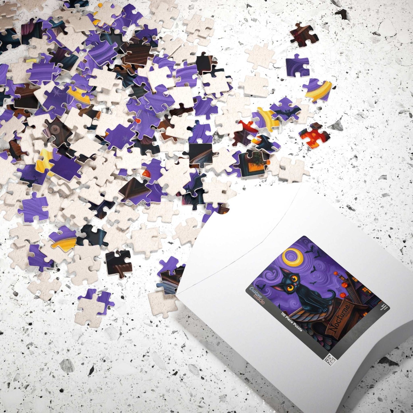 Crooked Rooftop Cat Jigsaw Puzzle, Halloween Black Cat 110, 252, 520, 1014-Piece, Spooky Moon Design, Game Night Activity, Family Fun