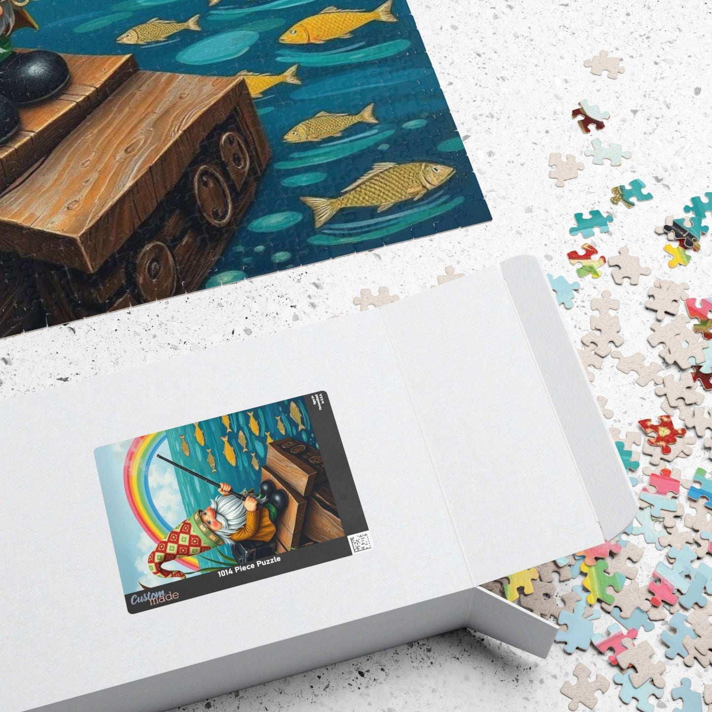 Gnome Fishing by Lake – Whimsical Folk Art Lakeside Jigsaw Puzzle Puzzle The Puzzle Chest