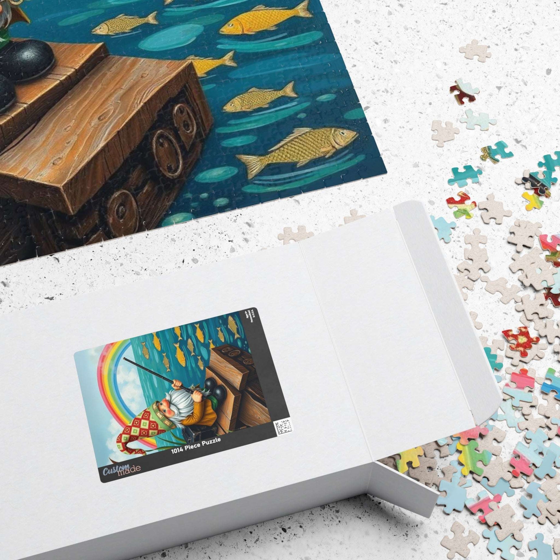 Gnome Fishing by Lake – Whimsical Folk Art Lakeside Jigsaw Puzzle Puzzle The Puzzle Chest