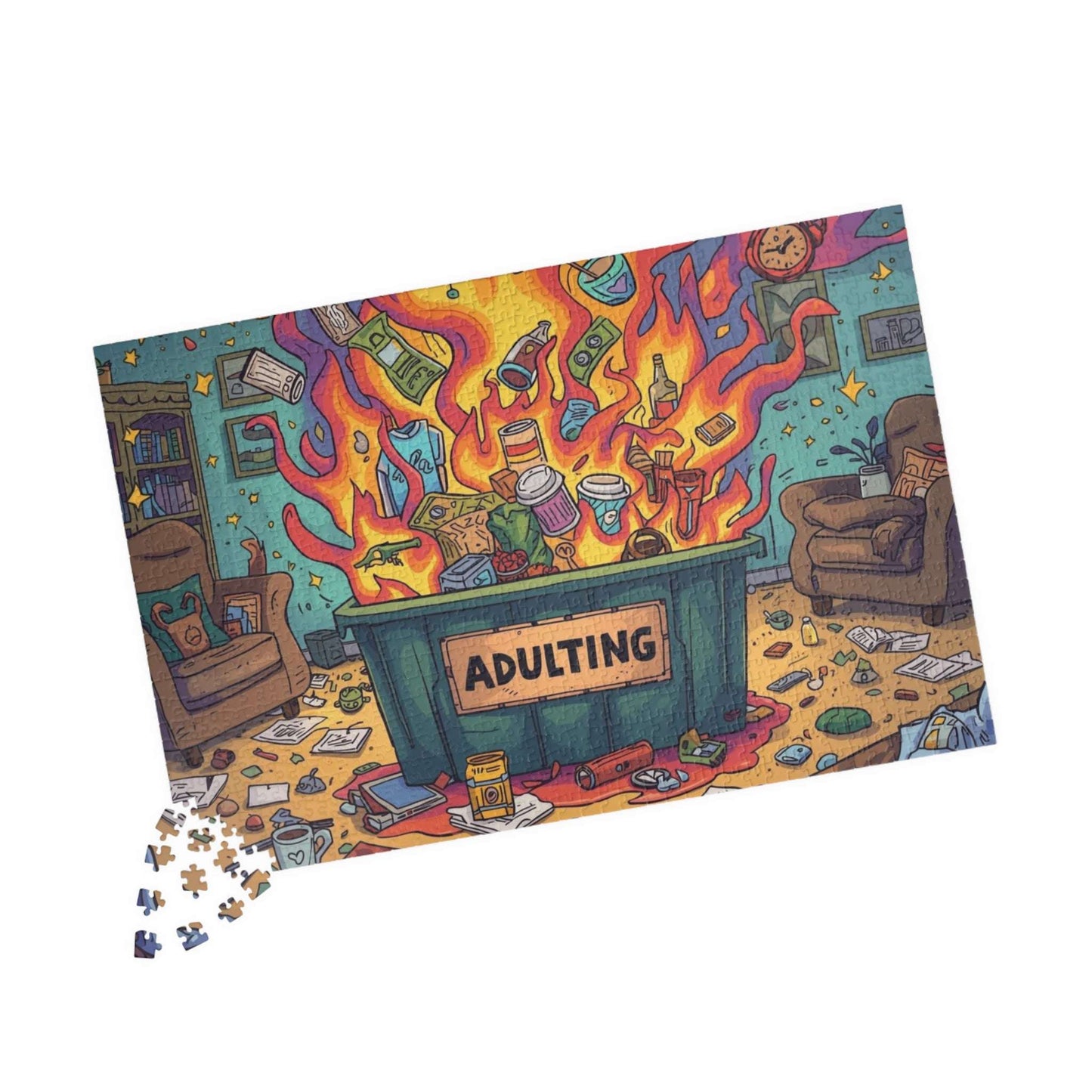 Adulting Dumpster Fire Jigsaw Puzzle - Funny Meme Theme, Mindfulness Activity, Holiday Birthday Gift for Adults, Entertainment, Brain Teaser 1014 pcs (Horizontal) Puzzle The Puzzle Chest