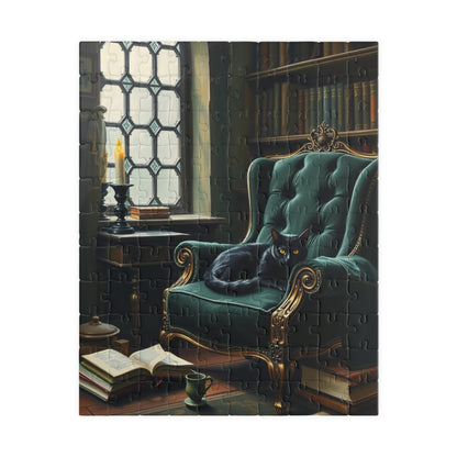 Cozy Gothic Cat Library Puzzle, 110/252/520/1014-Piece Solo Game, Gift Idea for Dark Fantasy Art Enthusiast and Cat Lover, Relaxing Activity 110 pcs (Vertical) Puzzle The Puzzle Chest
