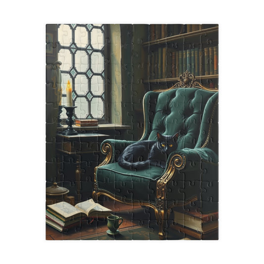 Cozy Gothic Cat Library Puzzle, 110/252/520/1014-Piece Solo Game, Gift Idea for Dark Fantasy Art Enthusiast and Cat Lover, Relaxing Activity 110 pcs (Vertical) The Puzzle Chest