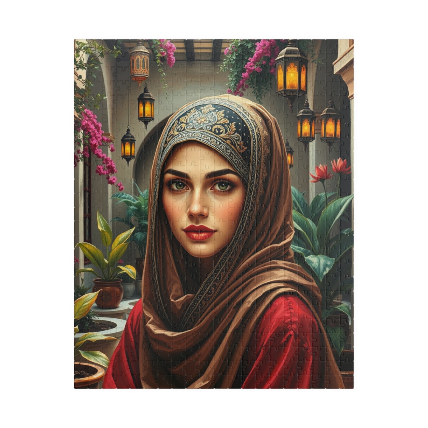 Middle Eastern Cultural Art Jigsaw Puzzle, Woman in Hijab Courtyard Scene, Hanging Lanterns Vibrant Plants, Puzzle Enthusiast Art Lover Gift 520 pcs (Vertical) Puzzle The Puzzle Chest