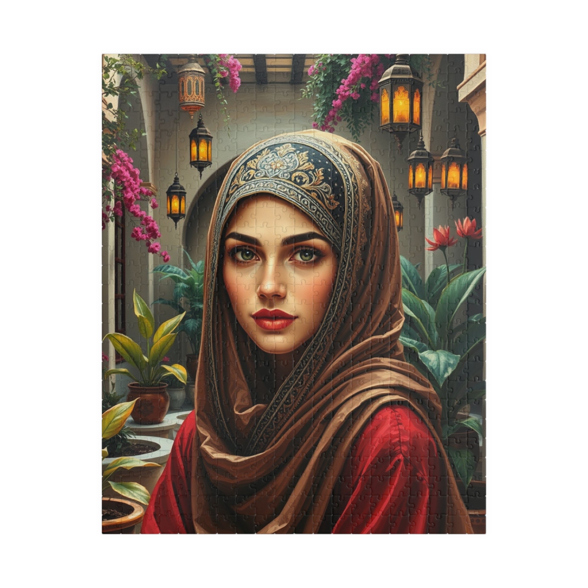 Middle Eastern Cultural Art Jigsaw Puzzle, Woman in Hijab Courtyard Scene, Hanging Lanterns Vibrant Plants, Puzzle Enthusiast Art Lover Gift 520 pcs (Vertical) Puzzle The Puzzle Chest