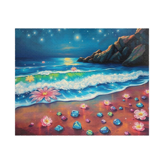 Lotus Shoreline Dreams - Surreal Beach Jigsaw Puzzle with Gems and Water Lilies, Gift for Ocean Lover, Coastal Home Décor, Family Activity 520 pcs (Horizontal) Puzzle The Puzzle Chest