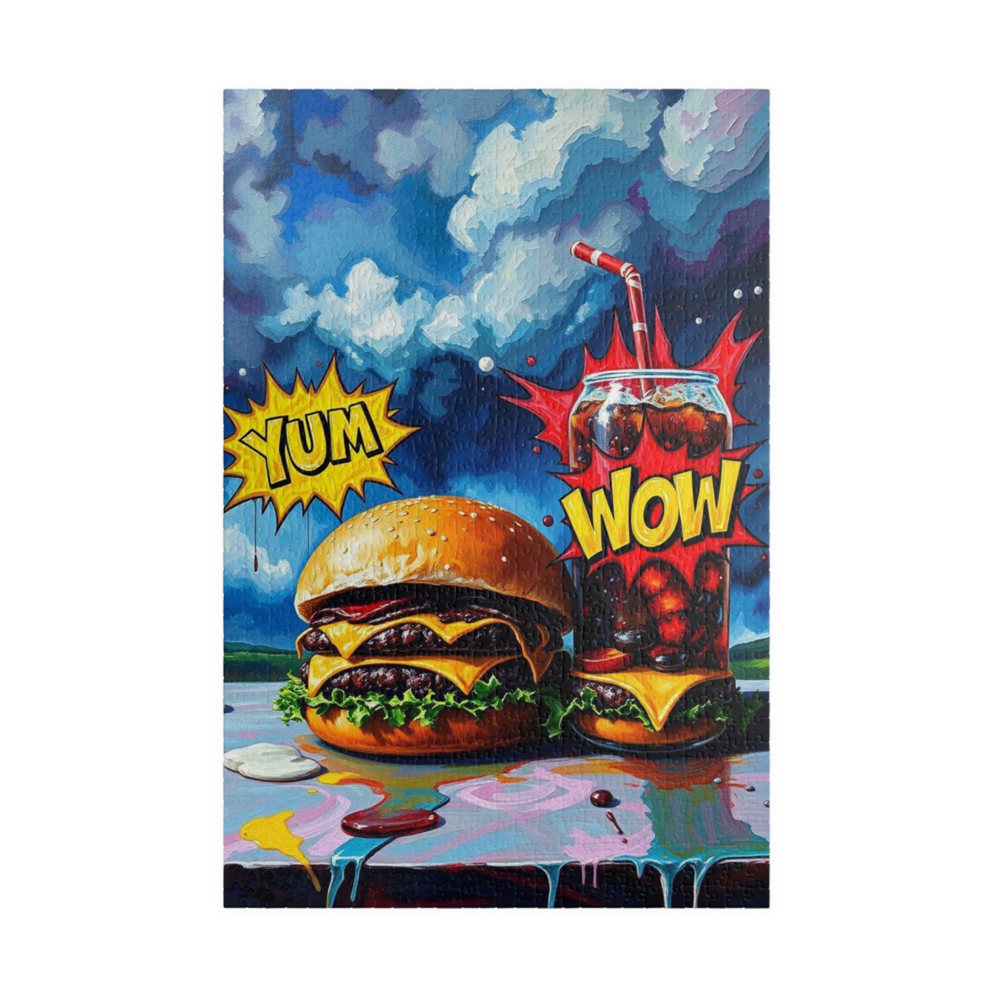 Colorful Foodie Puzzle - Yum Wow Burger and Drink Pop Art Jigsaw Puzzle for Adults, Fun Gift for Food Lovers, Game Night, Family Activity 1014 pcs (Vertical) Puzzle The Puzzle Chest