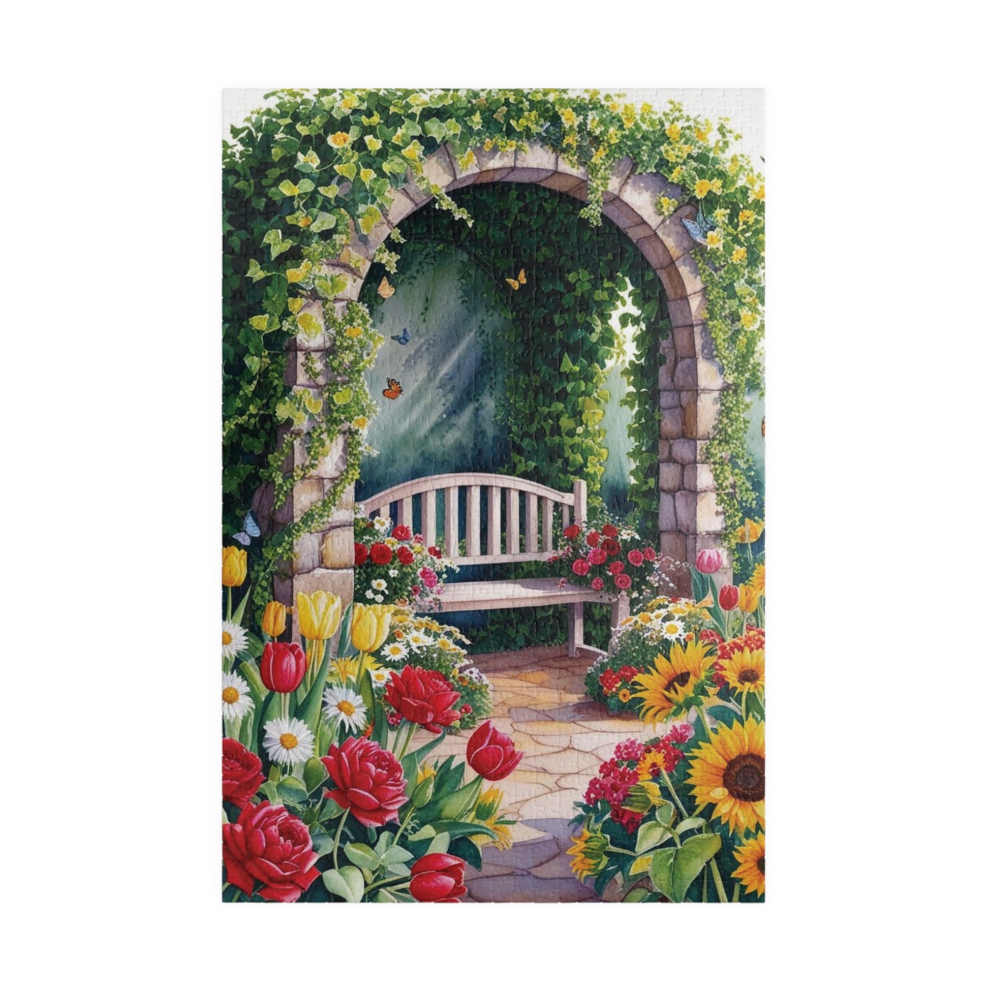 Jigsaw Puzzle, Flower Garden Mosaic Puzzle, Roses Tulips Daisies Sunflowers, Wooden Bench Ivy Butterflies, 110 252 520 1014 pieces, Gift for 1014 pcs (Vertical) Puzzle The Puzzle Chest