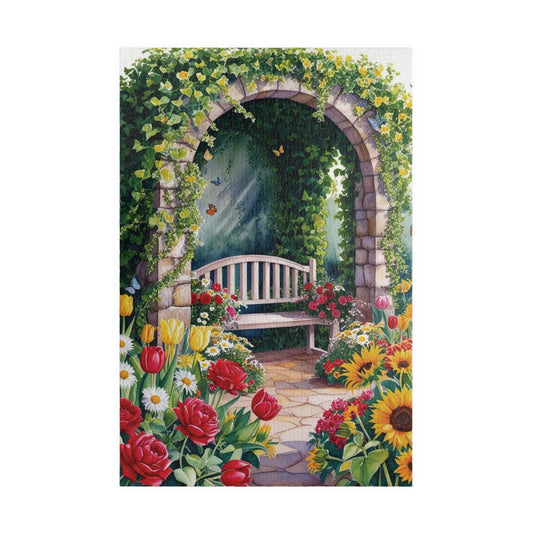 Jigsaw Puzzle, Flower Garden Mosaic Puzzle, Roses Tulips Daisies Sunflowers, Wooden Bench Ivy Butterflies, 110 252 520 1014 pieces, Gift for 1014 pcs (Vertical) Puzzle The Puzzle Chest