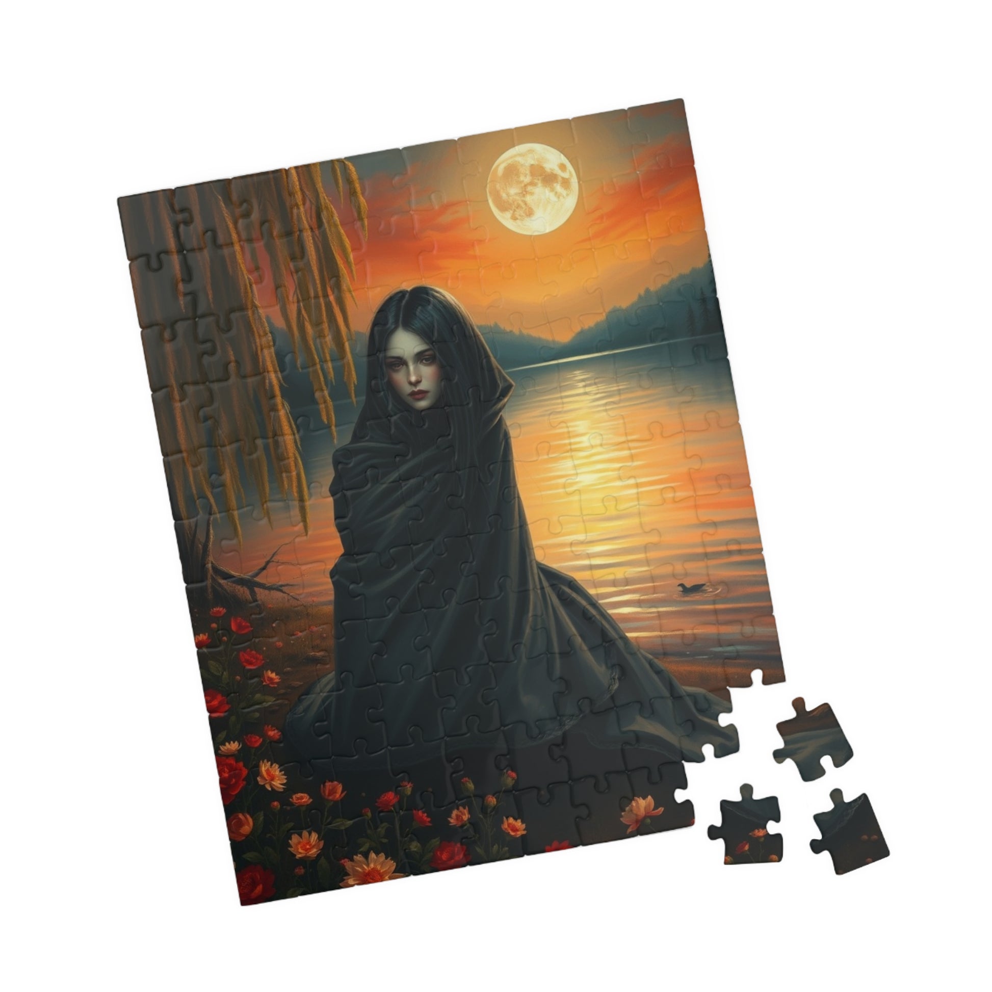 Jigsaw Puzzle, Mythical Selkie Sitting on Lakeshore under Full Moon, Dark Fantasy, 110, 252, 520, 1014-piece, Stress Relief Activity, Home Puzzle The Puzzle Chest