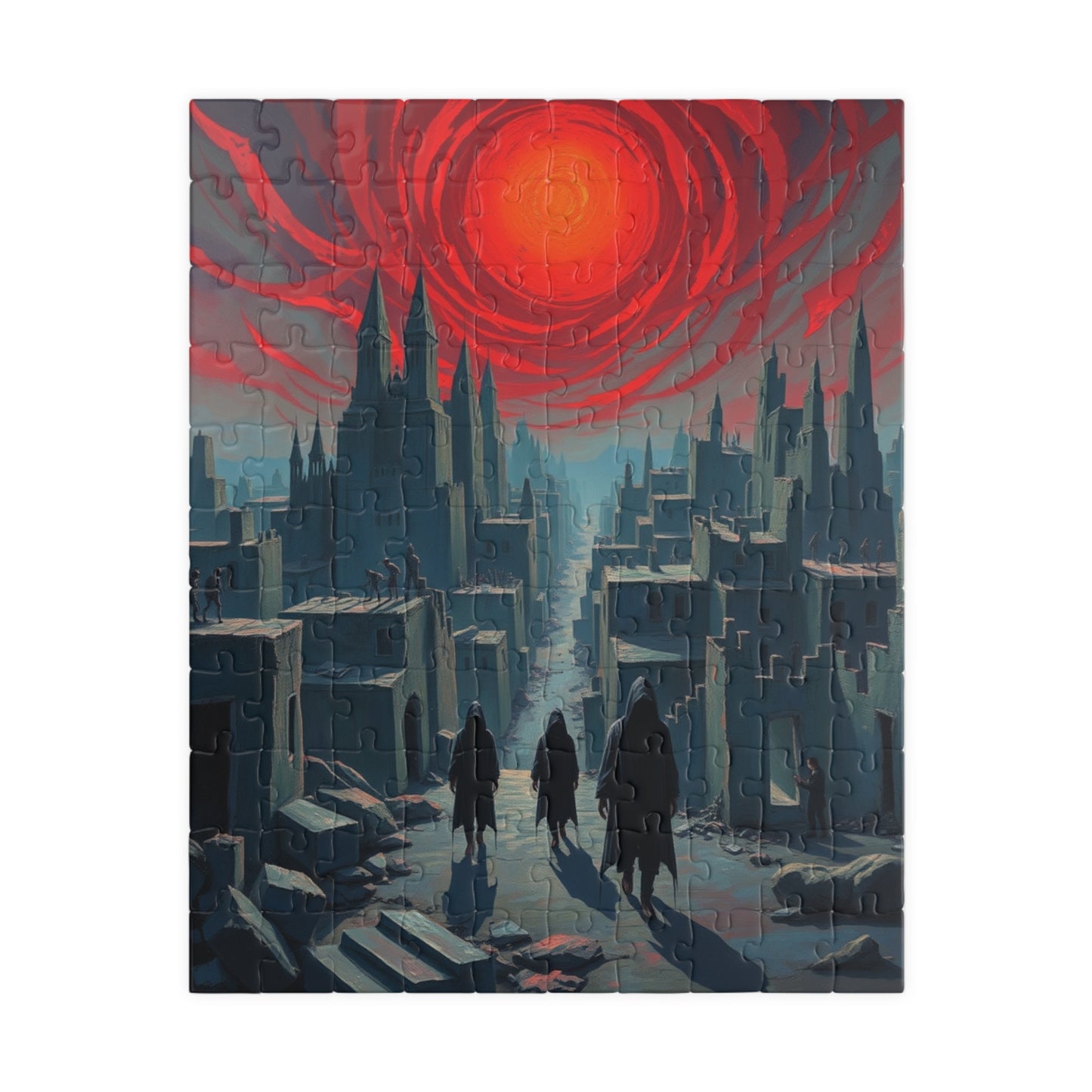 Gothic Puzzle - Desolate City Blood-Red Sky, 110-1014 Piece Jigsaw Game, Skeleton Figures, Hooded Wanderers, Spooky Dark Art, Giftable 110 pcs (Vertical) Puzzle The Puzzle Chest