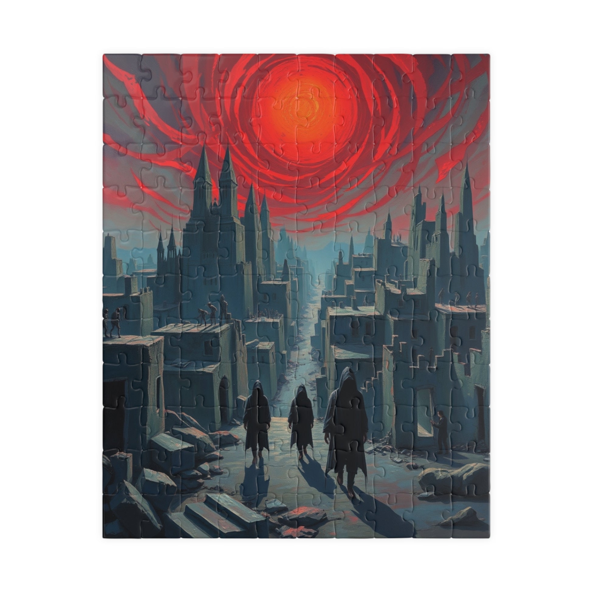 Gothic Puzzle - Desolate City Blood-Red Sky, 110-1014 Piece Jigsaw Game, Skeleton Figures, Hooded Wanderers, Spooky Dark Art, Giftable 110 pcs (Vertical) Puzzle The Puzzle Chest