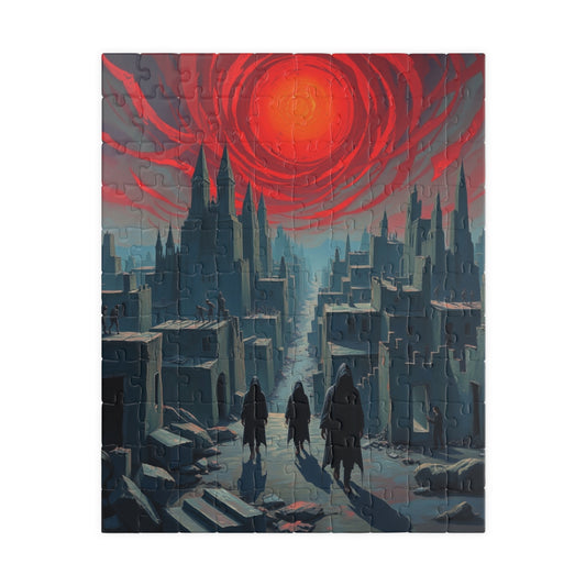 Gothic Puzzle - Desolate City Blood-Red Sky, 110-1014 Piece Jigsaw Game, Skeleton Figures, Hooded Wanderers, Spooky Dark Art, Giftable 110 pcs (Vertical) Puzzle The Puzzle Chest