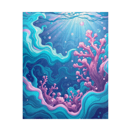 Abstract Underwater Scene Puzzle, Teal Aqua Pink Waves Coral Bubbles Light Beams Jigsaw Game, Family Fun Activity 520 pcs (Vertical) Puzzle The Puzzle Chest
