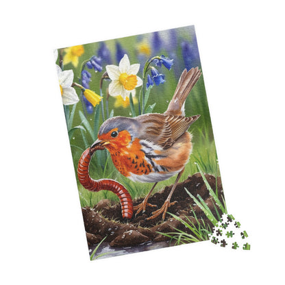 Robin and Worm Puzzle, Bird Spring Scene Flower Background Animal Jigsaw Game, 520-Piece Fun Family Activity, Gift Idea for Nature Lovers Puzzle The Puzzle Chest