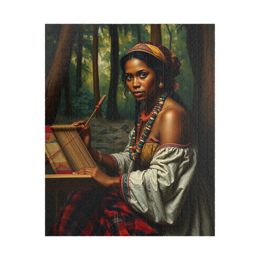 Puzzle of Indigenous Woman Weaving on a Loom in Nature, Cultural Ethnic Art Forest Scene, Family Friendly Jigsaw Game, Puzzle Lover Gift 520 pcs (Vertical) Puzzle The Puzzle Chest
