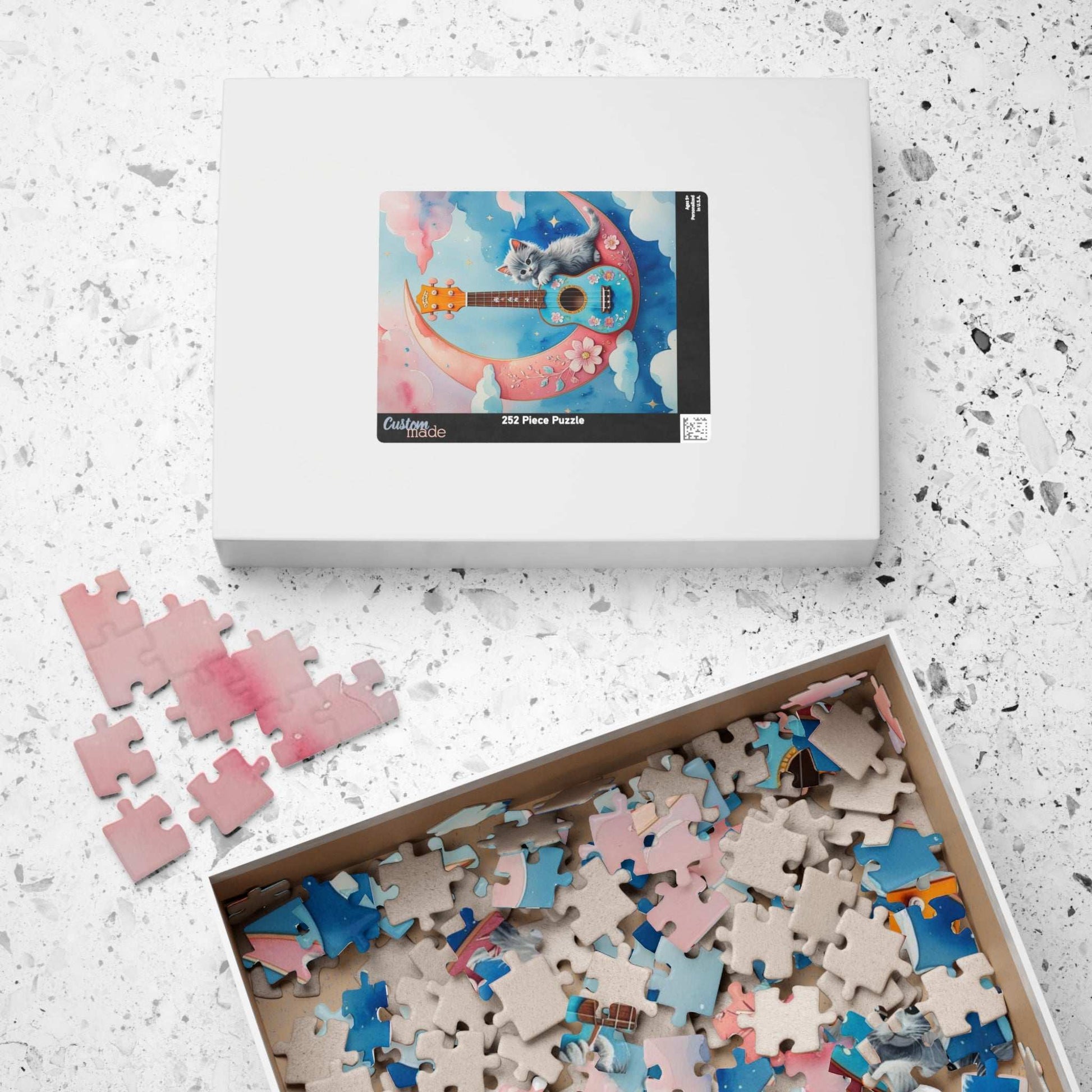 Whimsical Ukulele Cat on Crescent Moon Jigsaw Puzzle, Musical Theme Gift for Music Lover Musician Music Teacher and Cat Fan, Indoor Activity