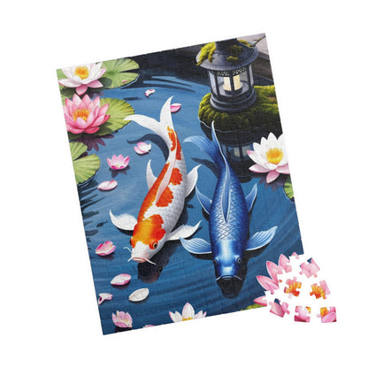 Jigsaw Puzzle, Tranquil Koi Fish Pond Design, 110 252 520 1014-piece, Cherry Blossom Lotus Flowers, Mindfulness Activity, Wall Art Decor,
