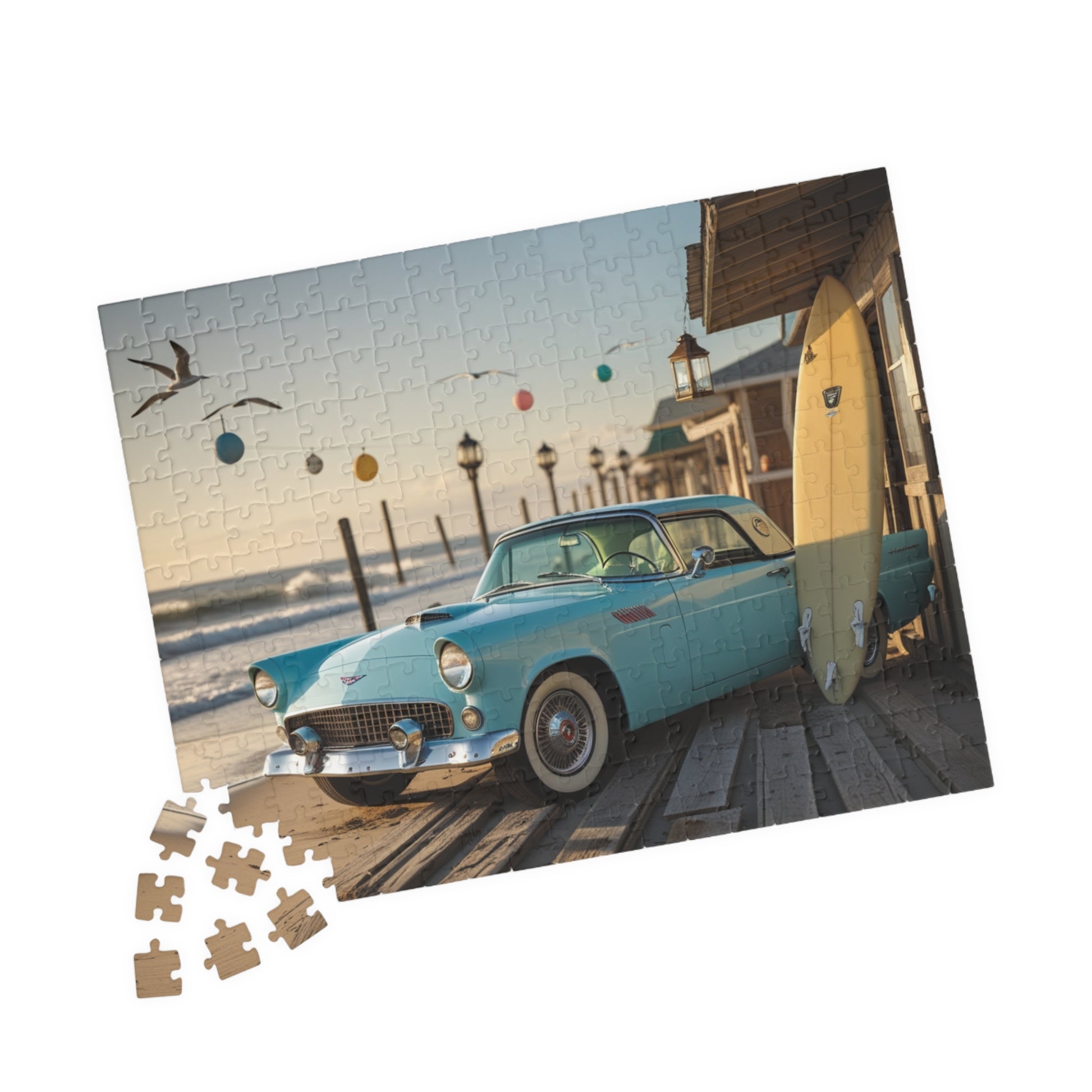 Vintage Car Jigsaw Puzzle - Classic 1955 Thunderbird | Retro Auto Beach Scene Puzzle The Puzzle Chest