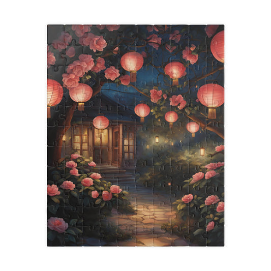 Cottage Landscape Jigsaw Puzzle, Nature-Inspired Floral Flower Design, Nighttime Lanterns and Camellias, Relaxing Hobby, Family Game Night 110 pcs (Vertical) Puzzle The Puzzle Chest