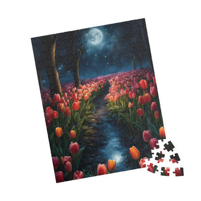 Magical Nighttime Tulip Puzzle, Peaceful Floral Scene Under the Moon, Glowing Flowers and Tranquil River Jigsaw Game, Gift for Nature Lover Puzzle The Puzzle Chest