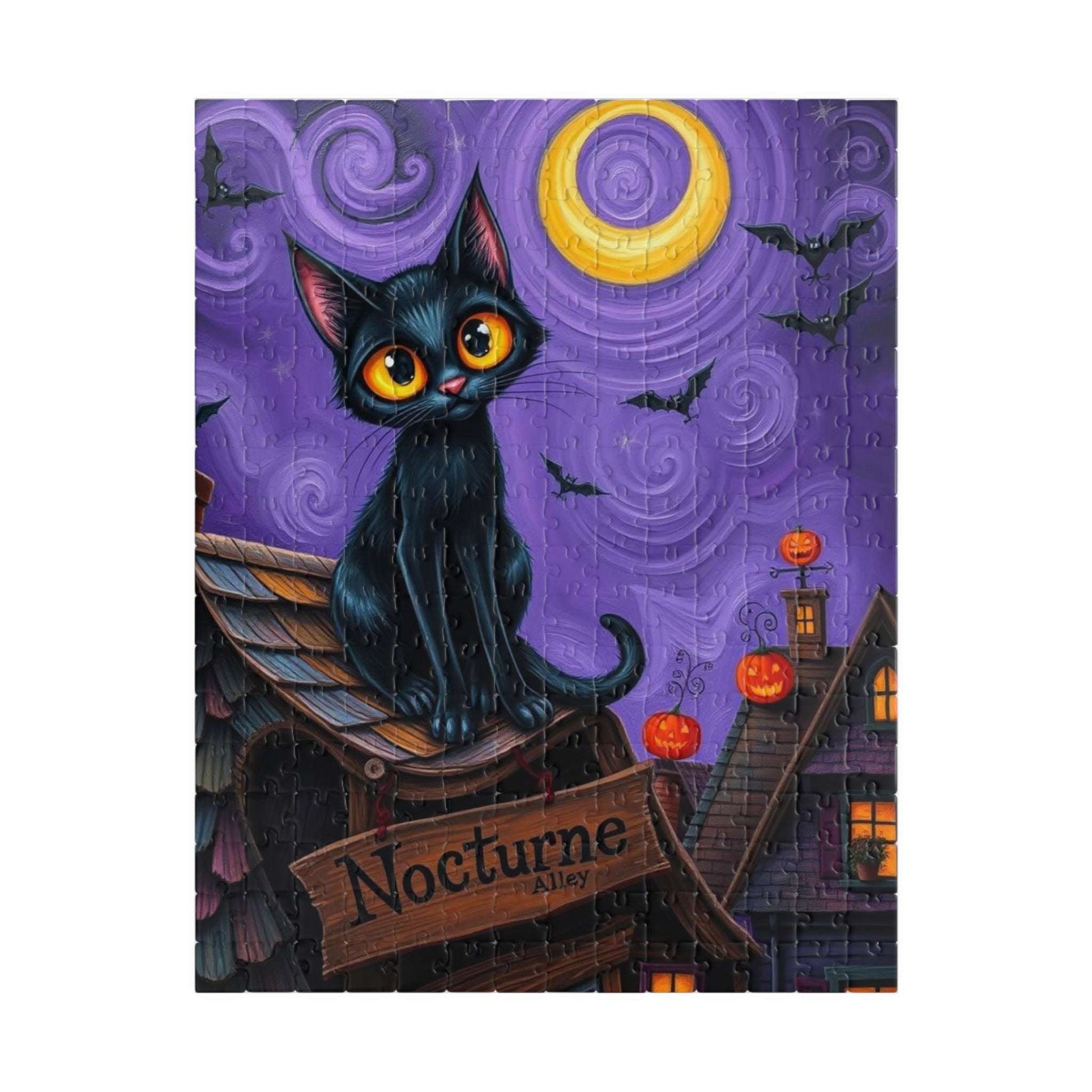 Crooked Rooftop Cat Jigsaw Puzzle, Halloween Black Cat 110, 252, 520, 1014-Piece, Spooky Moon Design, Game Night Activity, Family Fun