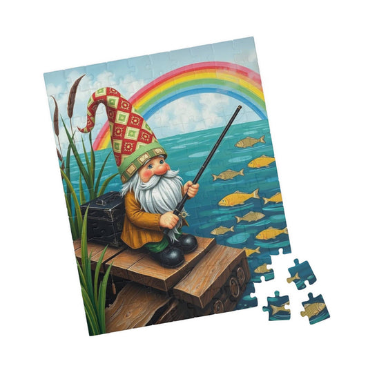 Gnome Fishing by Lake – Whimsical Folk Art Lakeside Jigsaw Puzzle 110 pcs (Vertical) Puzzle The Puzzle Chest