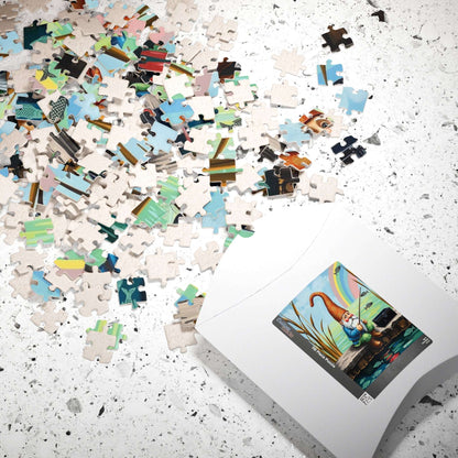 Gnome Fishing on Dock – Watercolor Dwarf Storybook Lakeside Jigsaw Puzzle Puzzle The Puzzle Chest