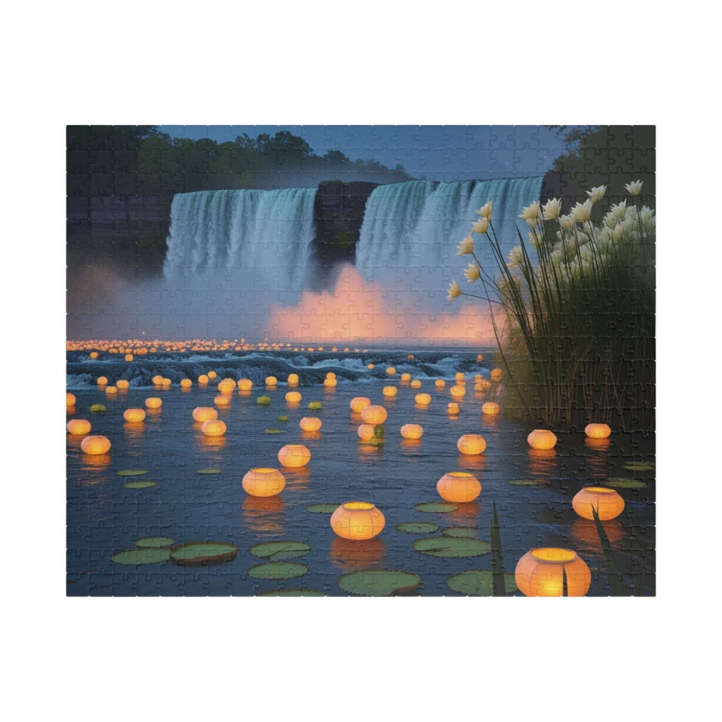 The Mighty Niagara Falls Landmark Jigsaw Puzzle, Nighttime Scene with Floating Lanterns and Lilies, Gift for Nature Lover, Puzzle Enthusiast 520 pcs (Horizontal) Puzzle The Puzzle Chest