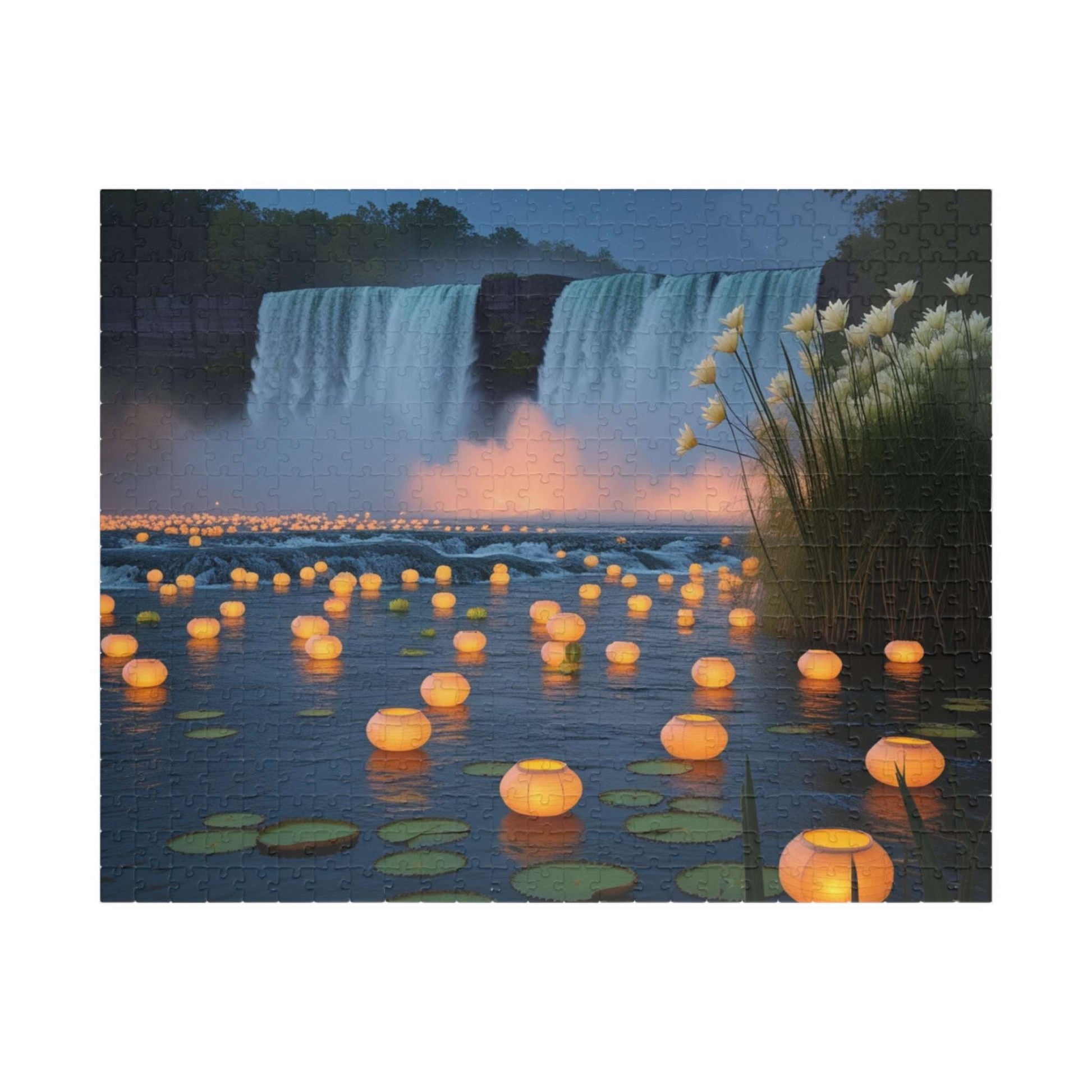 The Mighty Niagara Falls Landmark Jigsaw Puzzle, Nighttime Scene with Floating Lanterns and Lilies, Gift for Nature Lover, Puzzle Enthusiast 520 pcs (Horizontal) Puzzle The Puzzle Chest