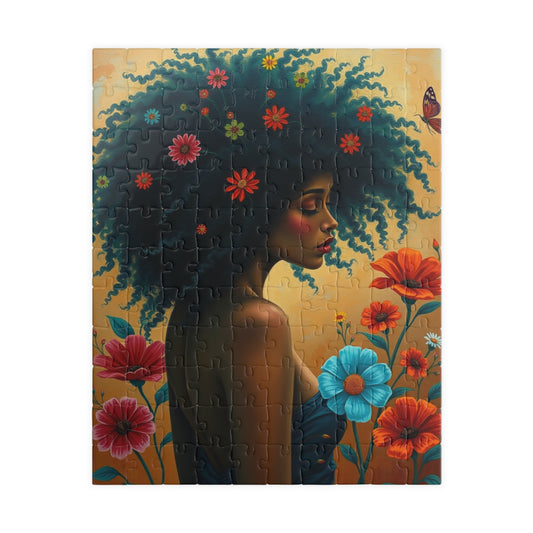 Jigsaw Puzzle, Black Woman with Afro and Colorful Flowers, Retro Aesthetics, Black Art, Brain Teaser Game, Mindfulness Activity, Friend Gift 110 pcs (Vertical) Puzzle The Puzzle Chest