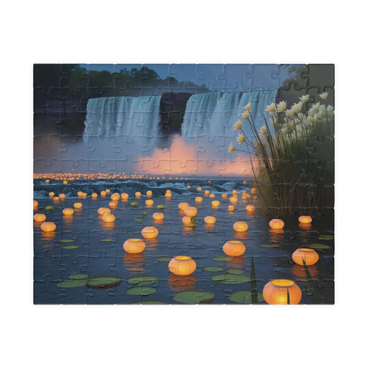 The Mighty Niagara Falls Landmark Jigsaw Puzzle, Nighttime Scene with Floating Lanterns and Lilies, Gift for Nature Lover, Puzzle Enthusiast 110 pcs (Horizontal) Puzzle The Puzzle Chest