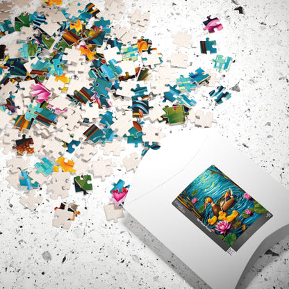 Waterfowl Mosaic Puzzle, Beautiful Mother Duck and Ducklings, Duck Family on a Lotus Pond Nature-Themed Jigsaw Game, Animal Bird Lover Gift Puzzle The Puzzle Chest